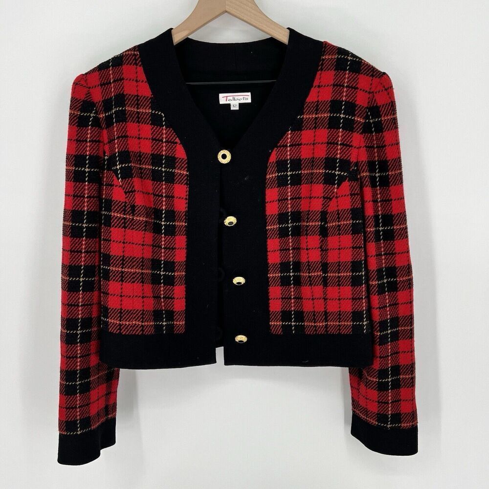 Talbots VTG Red Plaid Crop Jacket Decorative Buttons Size 12 Wool Blend